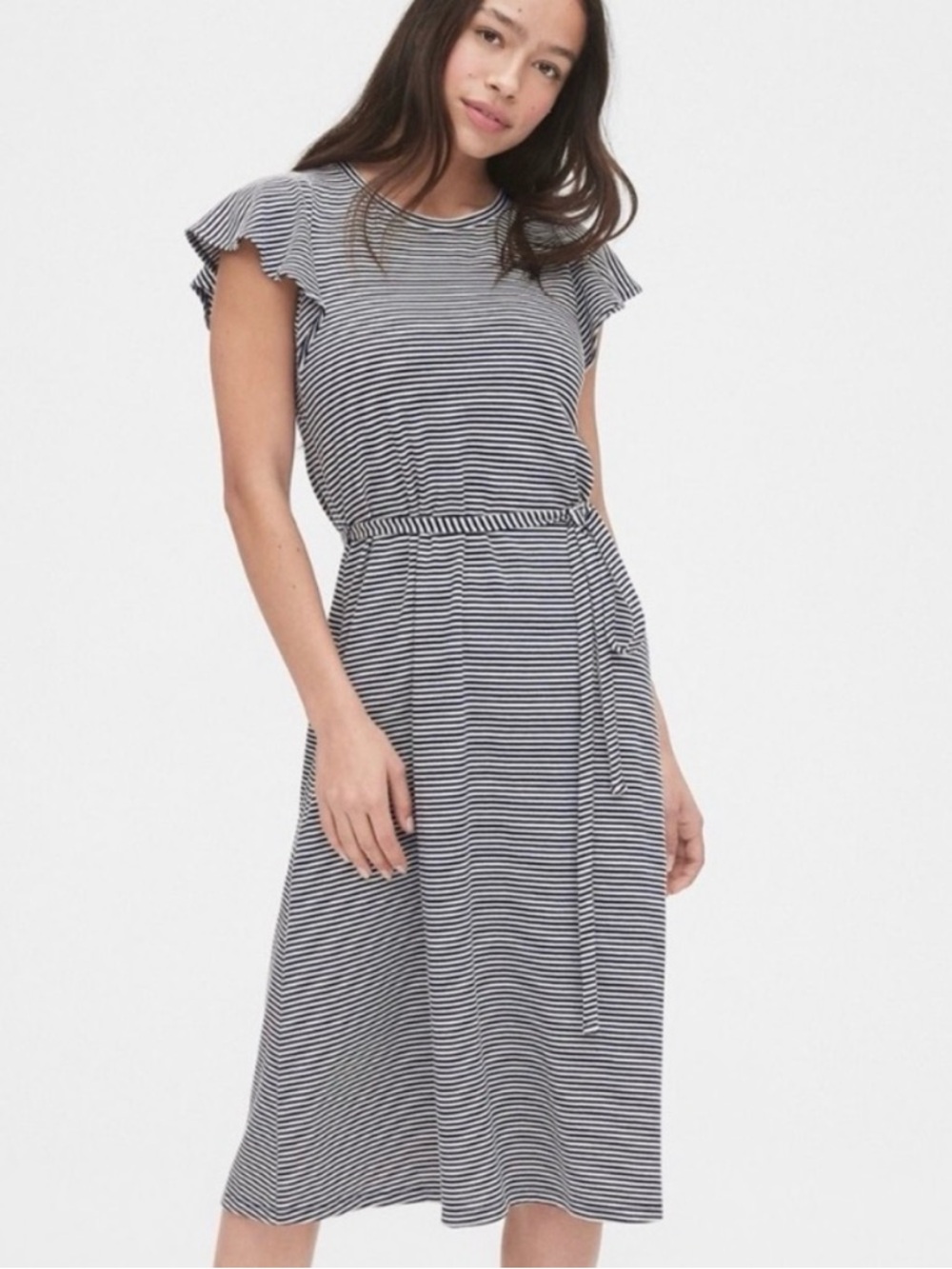 GAP Flutter Sleeve Midi Dress in a navy blue and white stripe - Picture 2 of 6